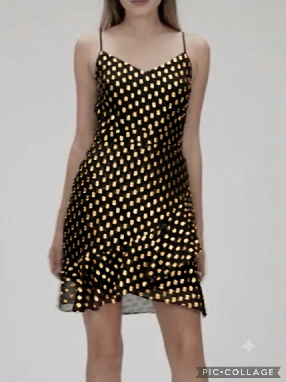 Banana Republic Dress Metallic Dot Mesh Ruffle Black Gold Mini 14 Cocktail